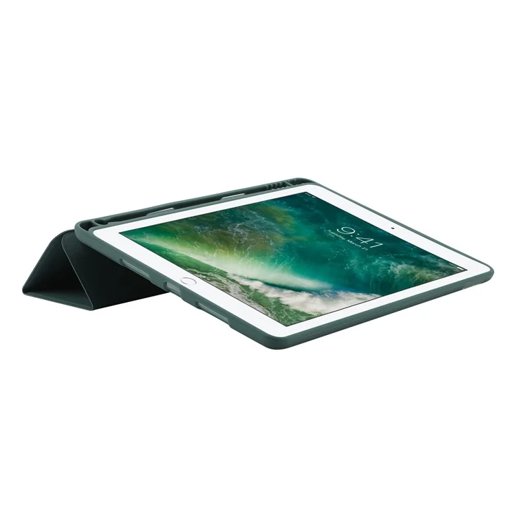 For iPad 10.2 (2021) / (2020) / (2019) Skin-touch Feeling PU Leather + TPU Tri-fold Stand Cover Anti-drop Tablet Case with Pen Slot - Blackish Green