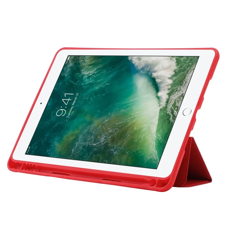 For iPad 10.2 (2021) / (2020) / (2019) Skin-touch Feeling PU Leather + TPU Tri-fold Stand Cover Anti-drop Tablet Case with Pen Slot - Red