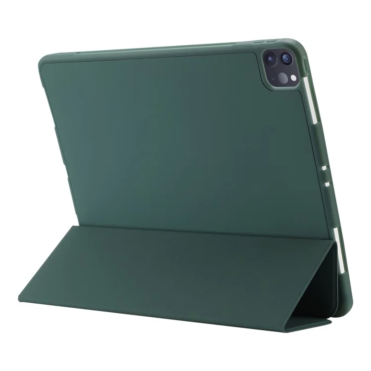 Para Ipad Pro 11 (2022) /(2021) /(2020) /(2018) Tri-stand Stand Skin-touch PU Cuero Estuche a Prueba de Amortiguadores / Cubierta de Sueño Con Ranura Para Lápiz - Verde Negruzco