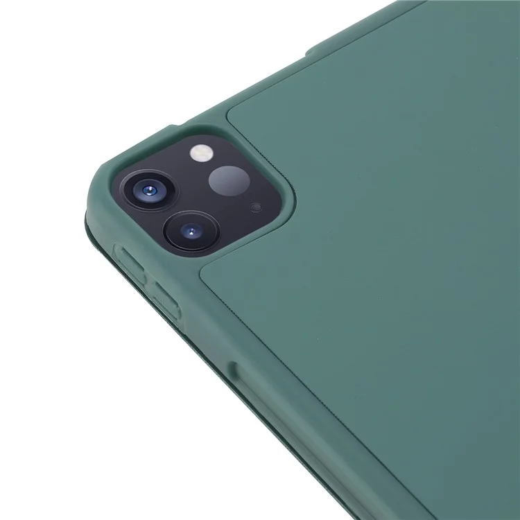 Для iPad Pro 11 (2022) / (2021) / (2020) / (2018) Tri-fold Stand Skin-touch PU Кожаный Чехол для планшета, ударопрочный, с автоматическим режимом пробуждения/сна, со слотом для ручки - темно-зеленый