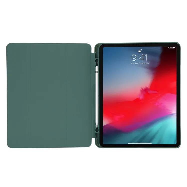 For iPad Pro 12.9 (2022) / (2021) / (2020) Skin-touch PU Leather Case Full Protection Tri-fold Stand Tablet Cover with Auto Wake / Sleep Cover and Pen Slot - Blackish Green