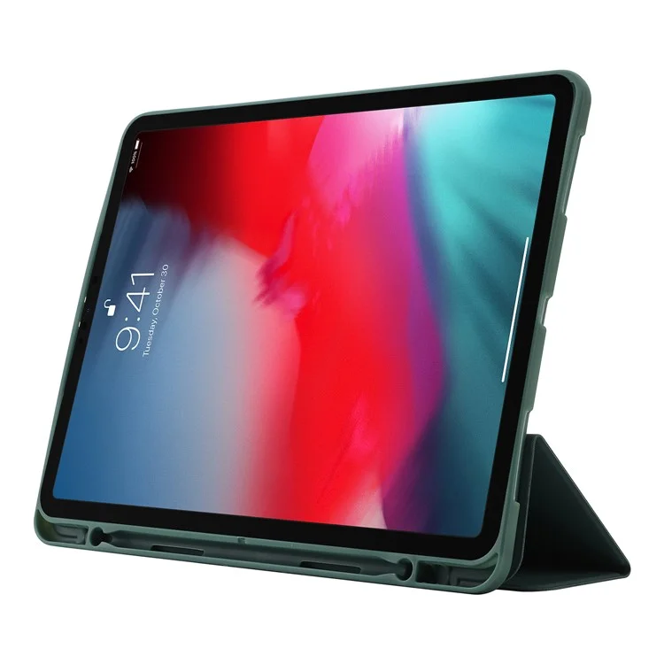 Para Ipad Pro 12.9 (2022) /(2021) /(2020) Caixa de Couro PU de Toque de Pele Tampa de Comprimido de Suporte Tri-fold Com Despertar Automático / Tampa do Sono e Caneta - Verde Negruzco