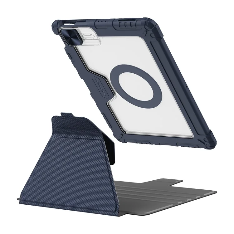 NILLKIN Bumper Leather Case Pro for iPad Pro 12.9 (2022) / (2021) / (2020) Detachable PU Leather Tablet Case Auto Wake / Sleep 360-degree Rotary Stand Cover - Blue