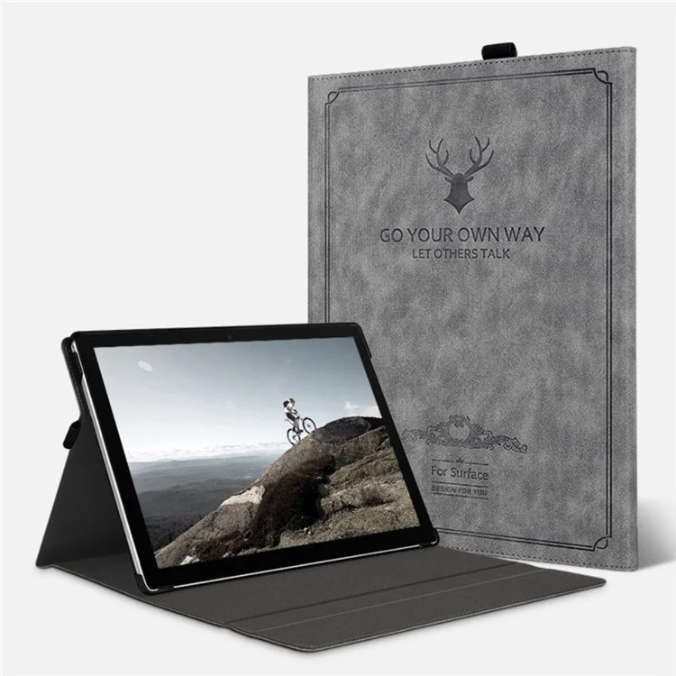 For Microsoft Surface Pro 9 Deer Head Design PU Leather+PC Anti-scratch Anti-drop Protective Case Support Stand Cover - Grey