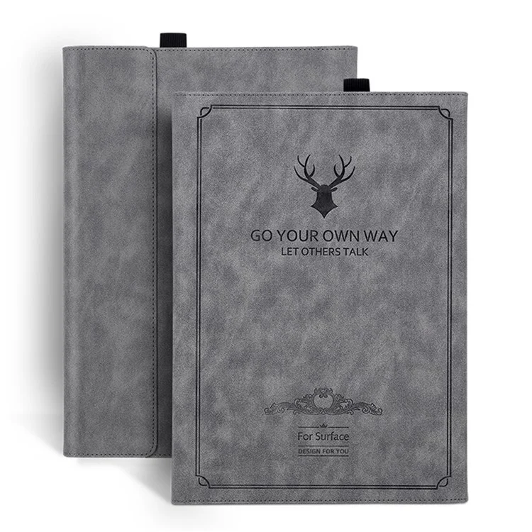 For Microsoft Surface Pro 9 Deer Head Design PU Leather+PC Anti-scratch Anti-drop Protective Case Support Stand Cover - Grey
