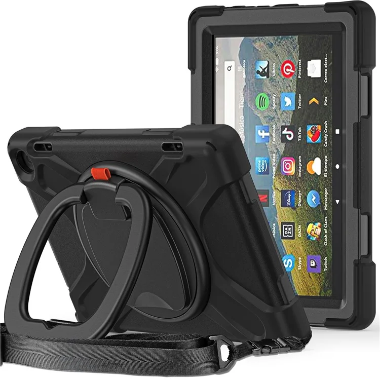 Für Amazon Fire HD 8 (2022) / HD 8 (2024) PC + Silikon-Tablet-Hülle, stoßfeste Rückabdeckung mit Schultergurt und Ständer - Schwarz