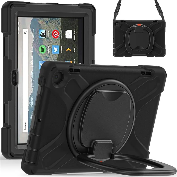 Für Amazon Fire HD 8 (2022) / HD 8 (2024) PC + Silikon-Tablet-Hülle, stoßfeste Rückabdeckung mit Schultergurt und Ständer - Schwarz
