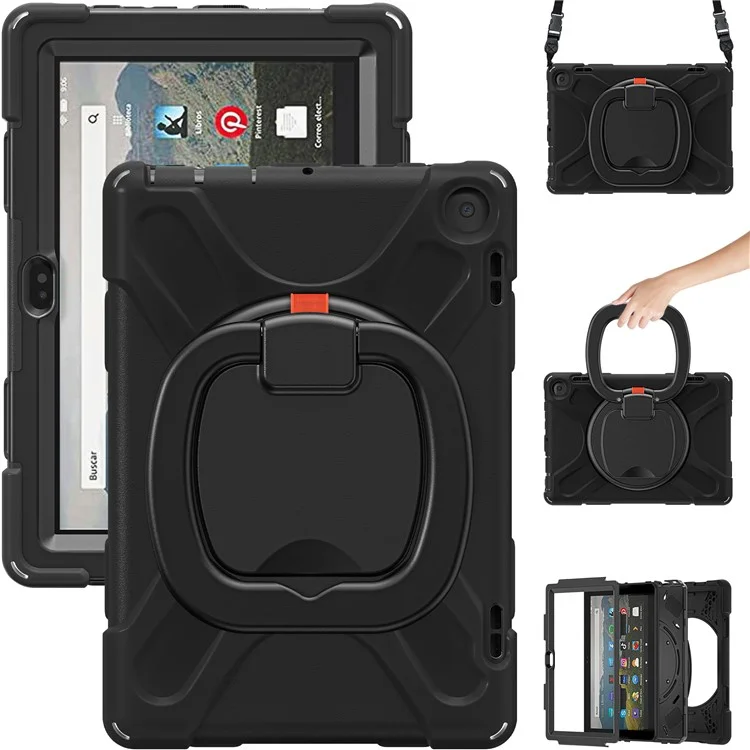 Für Amazon Fire HD 8 (2022) / HD 8 (2024) PC + Silikon-Tablet-Hülle, stoßfeste Rückabdeckung mit Schultergurt und Ständer - Schwarz