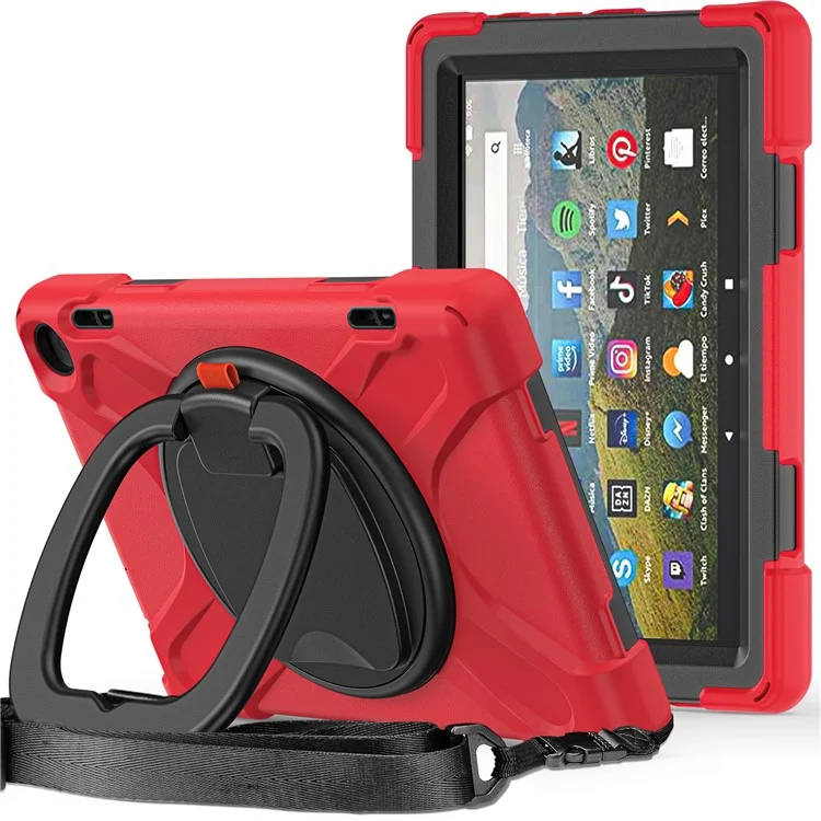 For Amazon Fire HD 8 (2022) / HD 8 (2024) PC + Silicone Tablet Case Drop-Proof Back Cover Rotary Kickstand with Shoulder Strap - Red