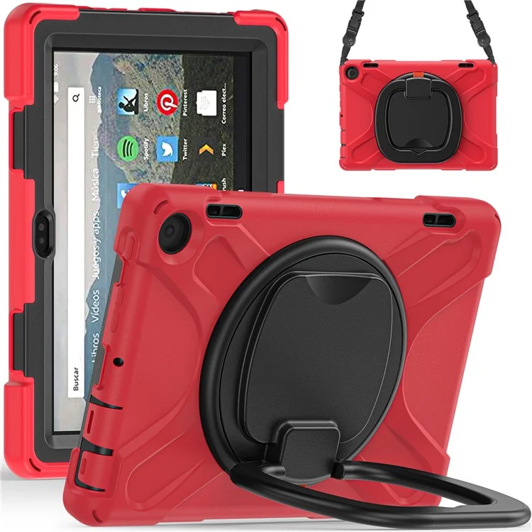 For Amazon Fire HD 8 (2022) / HD 8 (2024) PC + Silicone Tablet Case Drop-Proof Back Cover Rotary Kickstand with Shoulder Strap - Red
