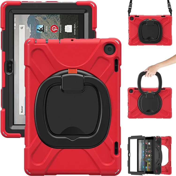 For Amazon Fire HD 8 (2022) / HD 8 (2024) PC + Silicone Tablet Case Drop-Proof Back Cover Rotary Kickstand with Shoulder Strap - Red
