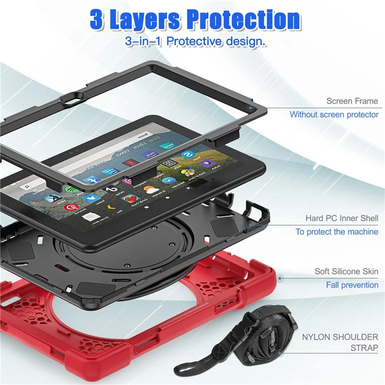 For Amazon Fire HD 8 (2022) / HD 8 (2024) PC + Silicone Tablet Case Drop-Proof Back Cover Rotary Kickstand with Shoulder Strap - Red