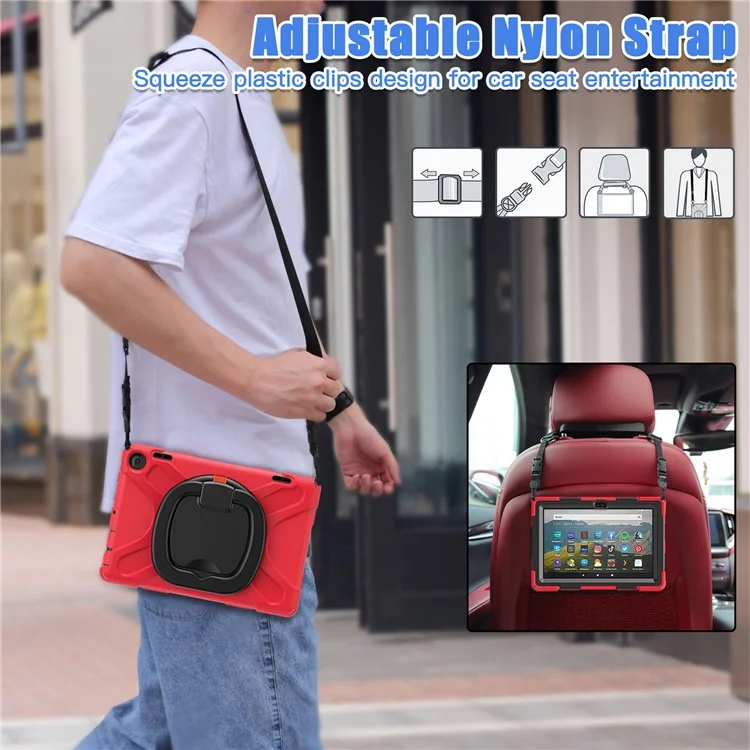For Amazon Fire HD 8 (2022) / HD 8 (2024) PC + Silicone Tablet Case Drop-Proof Back Cover Rotary Kickstand with Shoulder Strap - Red