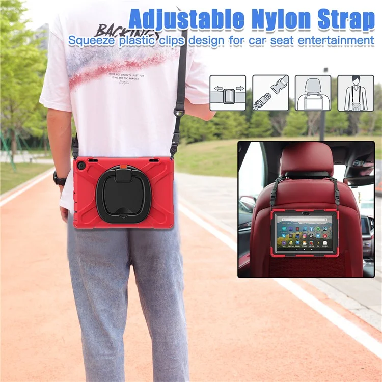 For Amazon Fire HD 8 (2022) / HD 8 (2024) PC + Silicone Tablet Case Drop-Proof Back Cover Rotary Kickstand with Shoulder Strap - Red