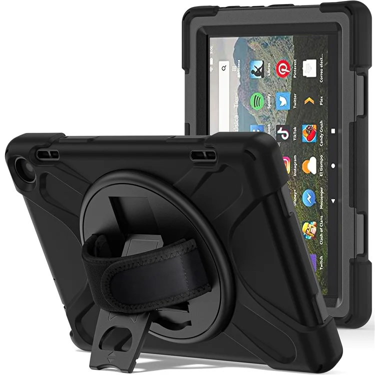 Para Amazon Fire HD 8 (2022) PC de Kickstand Caso de Tableta de Silicona Correa de Protección Resistente a Mano de 360 ​​grados Correa Resistente a la Protección Resistente - Negro