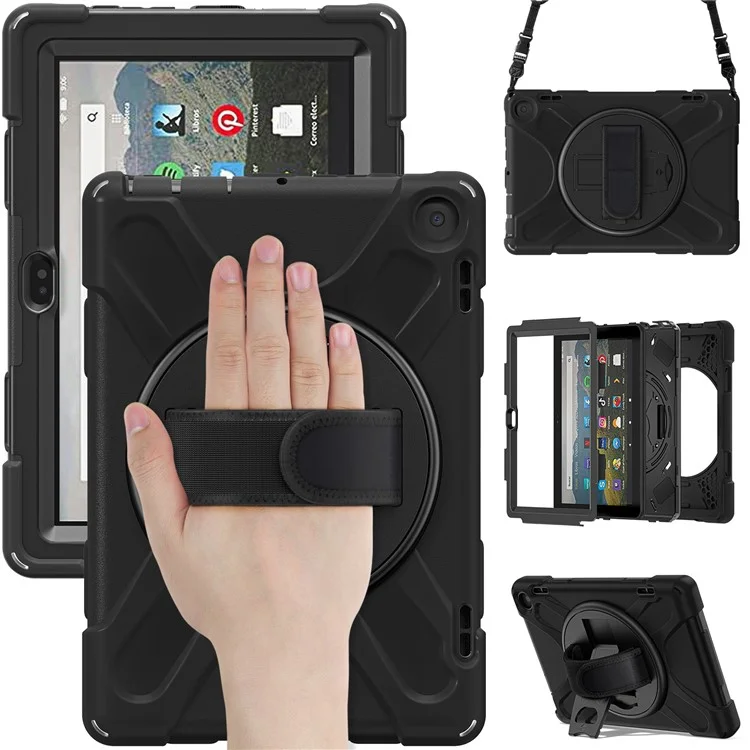 Für Amazon Fire HD 8 (2022) / HD 8 (2024) Ständer Tablet Hülle 360 Grad Drehung Handschlaufe PC + Silikon Schutzhülle mit Schultergurt - Schwarz