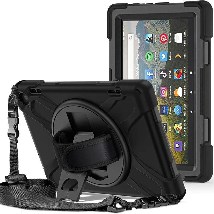 Für Amazon Fire HD 8 (2022) / HD 8 (2024) Ständer Tablet Hülle 360 Grad Drehung Handschlaufe PC + Silikon Schutzhülle mit Schultergurt - Schwarz
