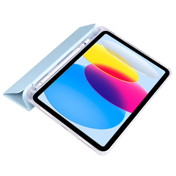 Para iPad 10.9 (2022) Tri-fold Stand PU Leather Cover Transparent TPU Tablet Case with Pen Slot - Blue