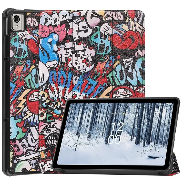 Для Nokia T21 Trifold Stand Sleep / Wake Tablet Cover Pattern Printing PU Leather Folio Protective Case - Граффити