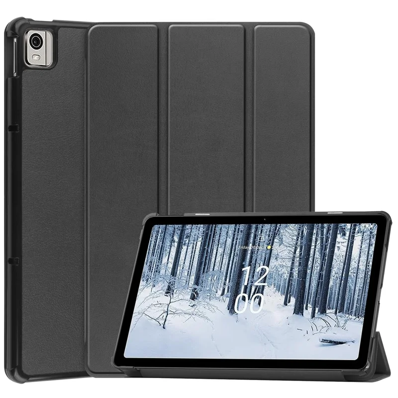 For Nokia T21 Tri-fold Stand Smart Auto Wake / Sleep Cover PU Leather Anti-Scratch Tablet Case - Black