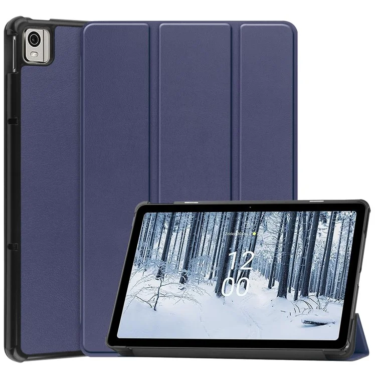 Para o Nokia T21 Tri-fold Stand Smart Auto Wake / Capa do Sono PU Casa Anti-rurck Casa - Azul