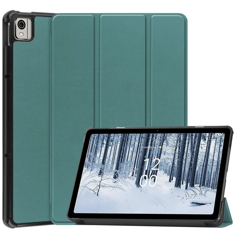 Für Nokia T21 Tri-Fold-Stand Smart Auto Wake/Sleep Cover PU-Leder Anti-Scratch Tablet-Hülle - Schwärzliches Grün