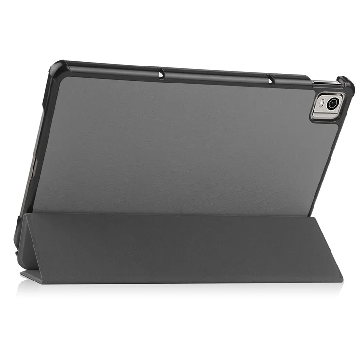 For Nokia T21 Tri-fold Stand Smart Auto Wake / Sleep Cover PU Leather Anti-Scratch Tablet Case - Grey