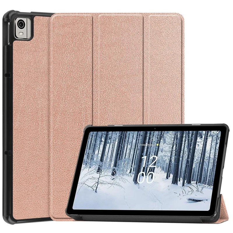 For Nokia T21 Tri-fold Stand Smart Auto Wake / Sleep Cover PU Leather Anti-Scratch Tablet Case - Rose Gold