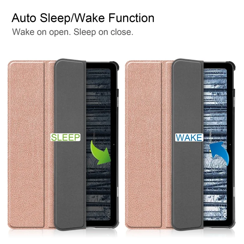 For Nokia T21 Tri-fold Stand Smart Auto Wake / Sleep Cover PU Leather Anti-Scratch Tablet Case - Rose Gold