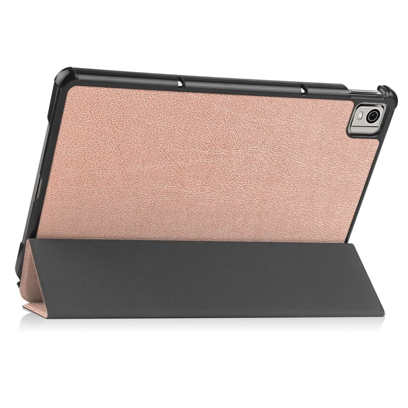 For Nokia T21 Tri-fold Stand Smart Auto Wake / Sleep Cover PU Leather Anti-Scratch Tablet Case - Rose Gold