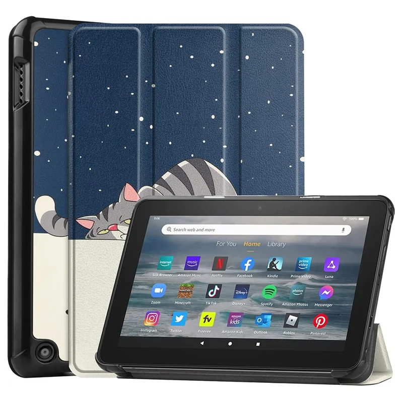 JUNSUNMAY For Amazon Fire 7 (2022) Tri-fold Stand Protective Cover Pattern Printing PU Leather Case with Auto Wake / Sleep - Cat