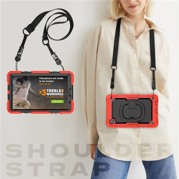 Shockproof Case for Samsung Galaxy Tab A7 Lite 8.7-inch T220 / T225, Drop-proof Tablet Case 360-Degree Rotating Kickstand PC + Silicone Cover with Shoulder Strap - Red