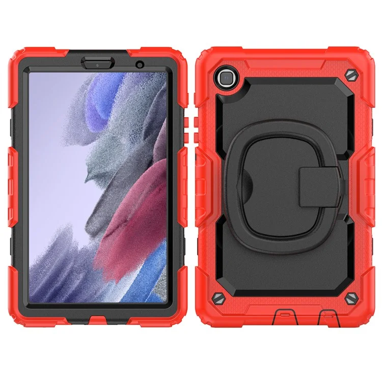 Shockproof Case for Samsung Galaxy Tab A7 Lite 8.7-inch T220 / T225, Drop-proof Tablet Case 360-Degree Rotating Kickstand PC + Silicone Cover with Shoulder Strap - Red