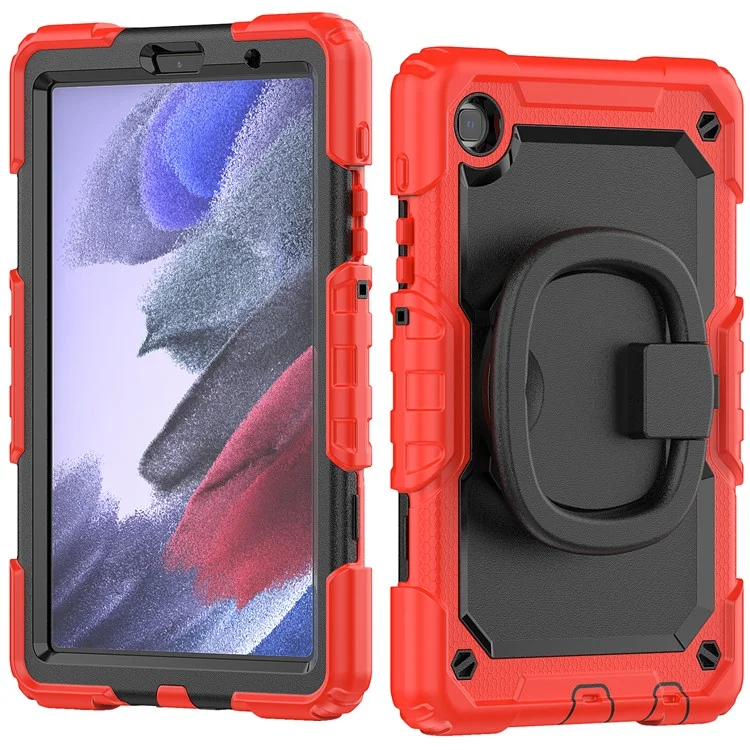 Shockproof Case for Samsung Galaxy Tab A7 Lite 8.7-inch T220 / T225, Drop-proof Tablet Case 360-Degree Rotating Kickstand PC + Silicone Cover with Shoulder Strap - Red