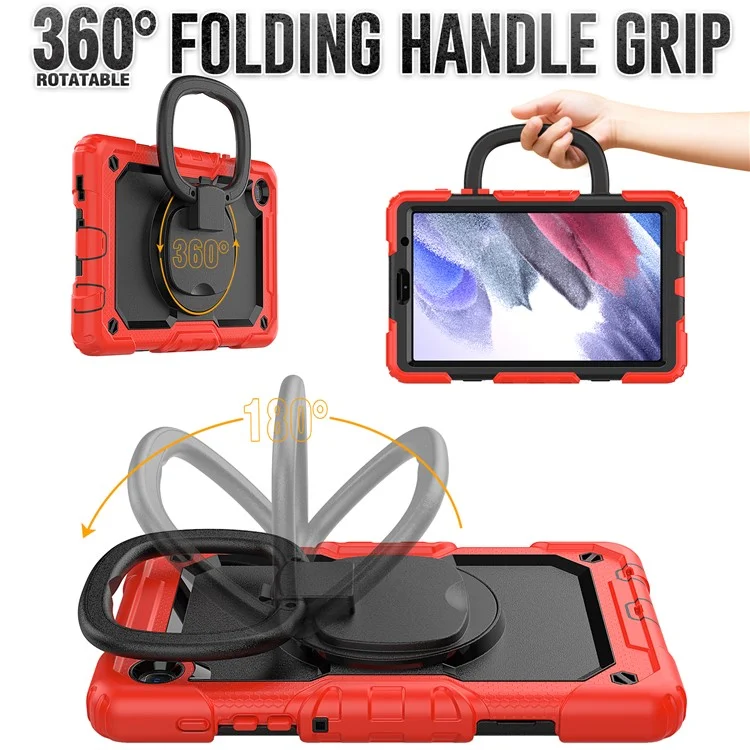 Shockproof Case for Samsung Galaxy Tab A7 Lite 8.7-inch T220 / T225, Drop-proof Tablet Case 360-Degree Rotating Kickstand PC + Silicone Cover with Shoulder Strap - Red