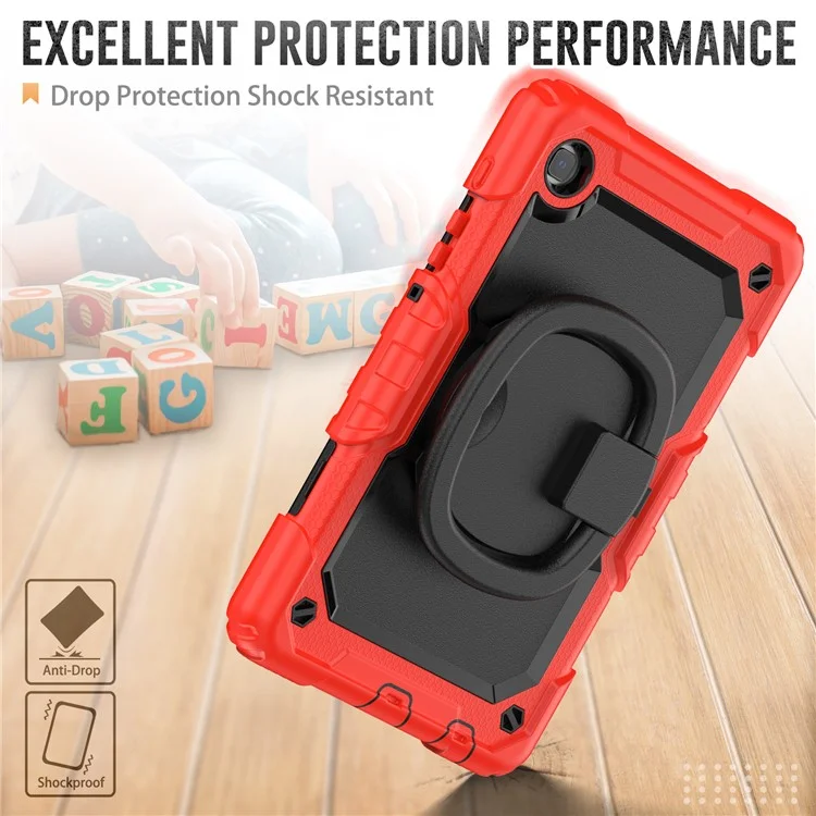 Shockproof Case for Samsung Galaxy Tab A7 Lite 8.7-inch T220 / T225, Drop-proof Tablet Case 360-Degree Rotating Kickstand PC + Silicone Cover with Shoulder Strap - Red