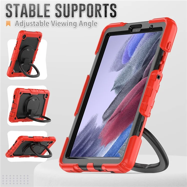 Shockproof Case for Samsung Galaxy Tab A7 Lite 8.7-inch T220 / T225, Drop-proof Tablet Case 360-Degree Rotating Kickstand PC + Silicone Cover with Shoulder Strap - Red