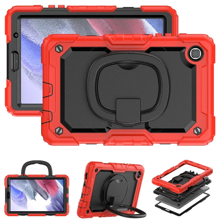 Shockproof Case for Samsung Galaxy Tab A7 Lite 8.7-inch T220 / T225, Drop-proof Tablet Case 360-Degree Rotating Kickstand PC + Silicone Cover with Shoulder Strap - Red