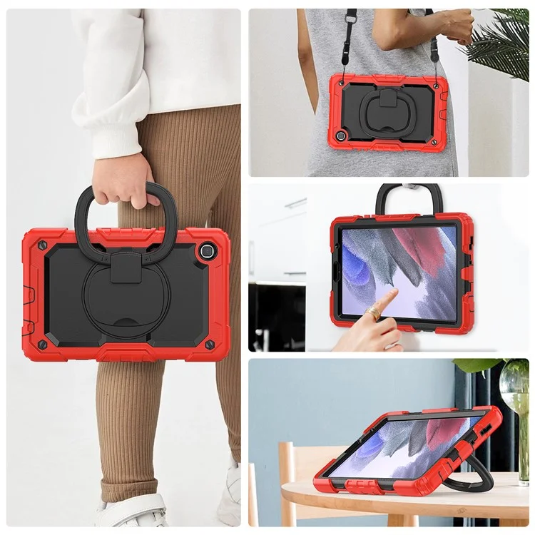 Shockproof Case for Samsung Galaxy Tab A7 Lite 8.7-inch T220 / T225, Drop-proof Tablet Case 360-Degree Rotating Kickstand PC + Silicone Cover with Shoulder Strap - Red