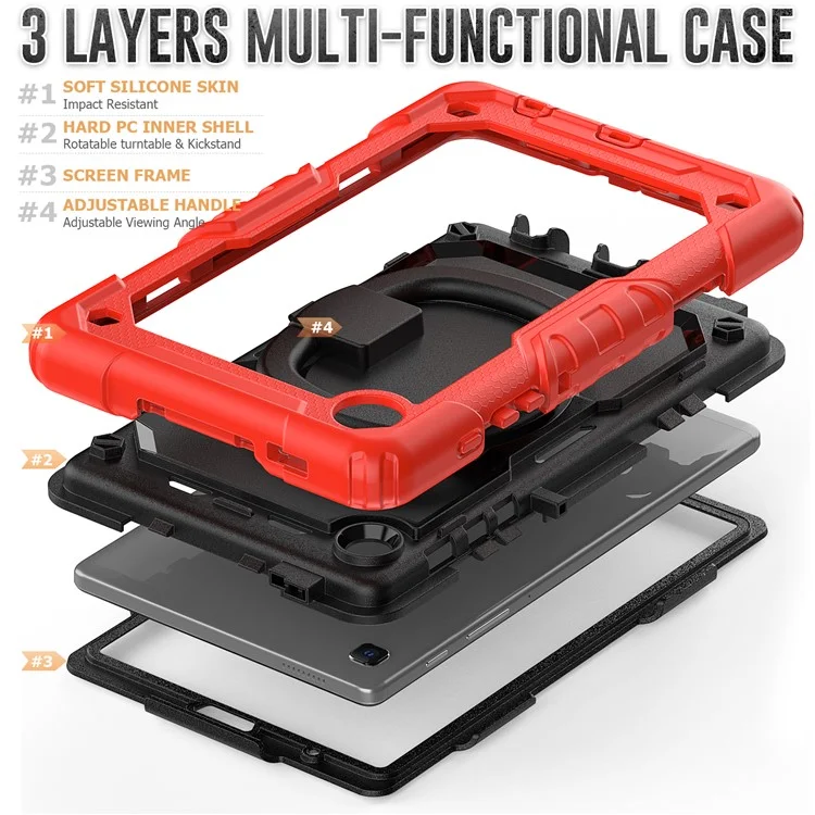 Shockproof Case for Samsung Galaxy Tab A7 Lite 8.7-inch T220 / T225, Drop-proof Tablet Case 360-Degree Rotating Kickstand PC + Silicone Cover with Shoulder Strap - Red