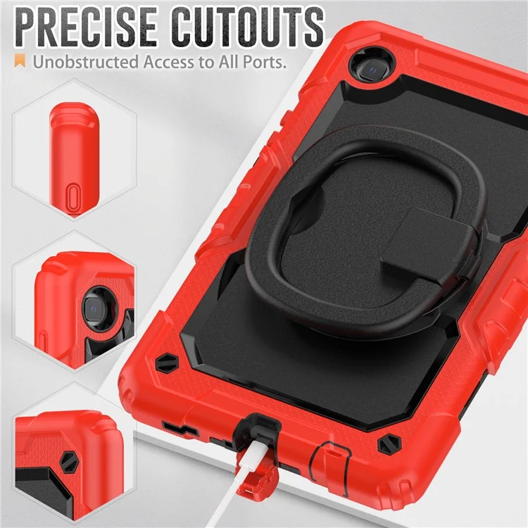 Shockproof Case for Samsung Galaxy Tab A7 Lite 8.7-inch T220 / T225, Drop-proof Tablet Case 360-Degree Rotating Kickstand PC + Silicone Cover with Shoulder Strap - Red