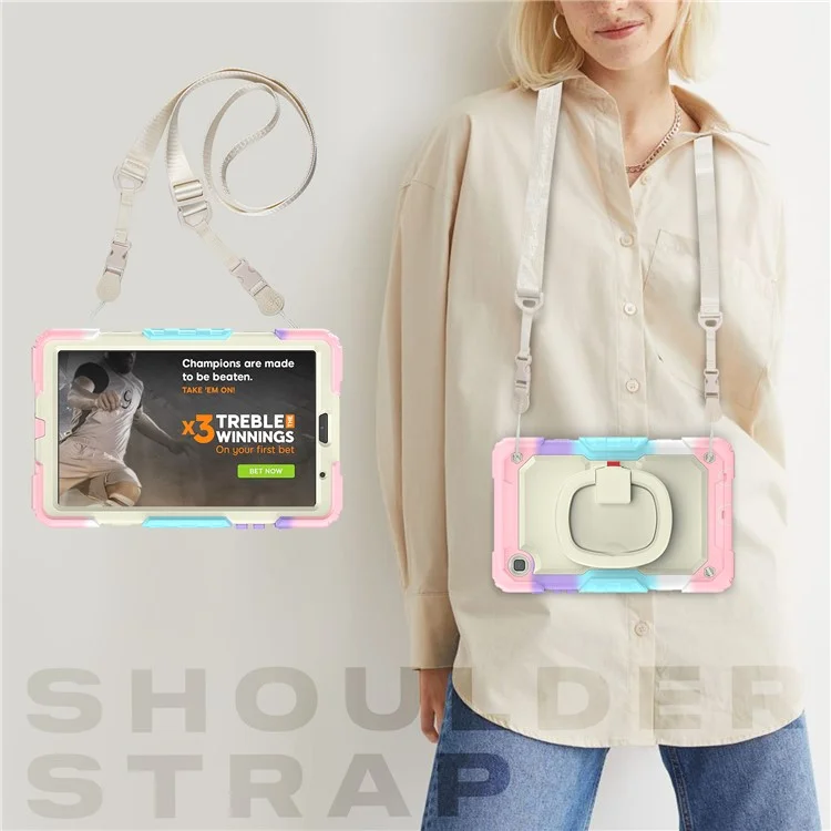 Case di Compresse Anti-drop Per Samsung Galaxy Tab A7 Lite da 8,7 Pollici T220 / T225 PC + Custodia Protettiva in Silicone a 360 Gradi Copertina di Cavallino Rotante Con Spalla - Beige / Mamo Rosa