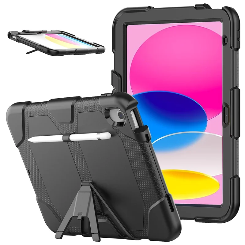 For iPad (2025) / 10.9 (2022) PC + Silicone Case Kickstand Cover Tablet Case with Screen Protector Pen Holder - Black