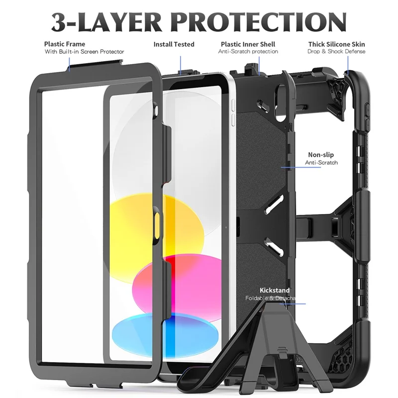 For iPad (2025) / 10.9 (2022) PC + Silicone Case Kickstand Cover Tablet Case with Screen Protector Pen Holder - Black