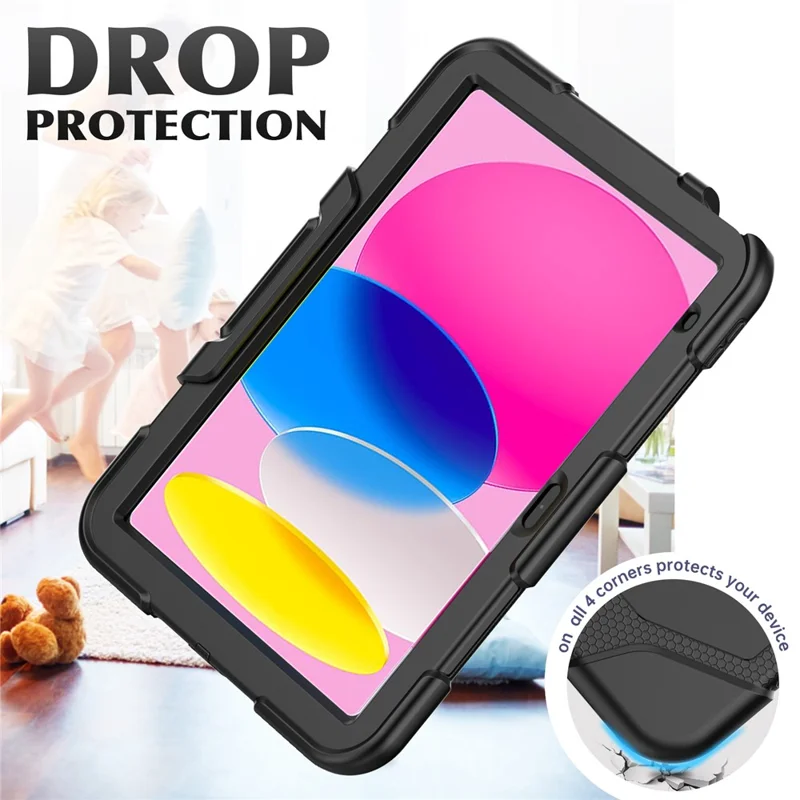 For iPad (2025) / 10.9 (2022) PC + Silicone Case Kickstand Cover Tablet Case with Screen Protector Pen Holder - Black