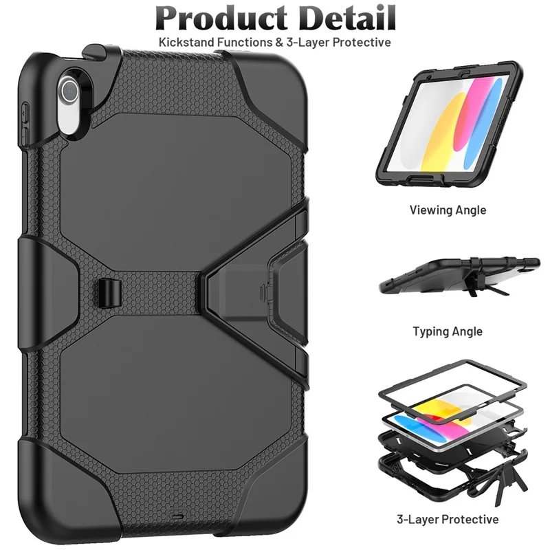 For iPad (2025) / 10.9 (2022) PC + Silicone Case Kickstand Cover Tablet Case with Screen Protector Pen Holder - Black