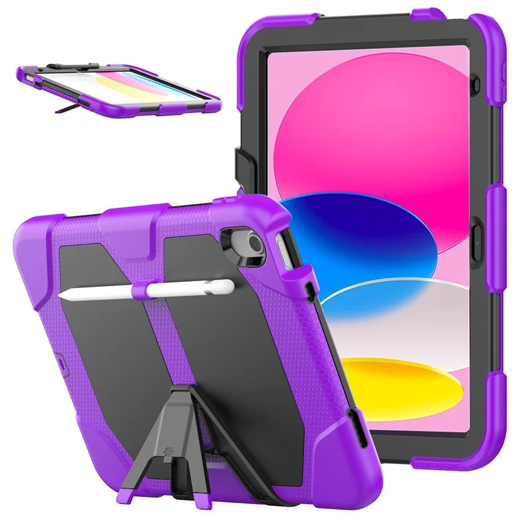 Para iPad 10.9 (2022) PC + Funda Silicona a Prueba de Golpes con Protector de Pantalla Incorporado Antiarañazos Soporte Plegable Funda Portátil para Tableta con Soporte para Lápiz - Púrpura
