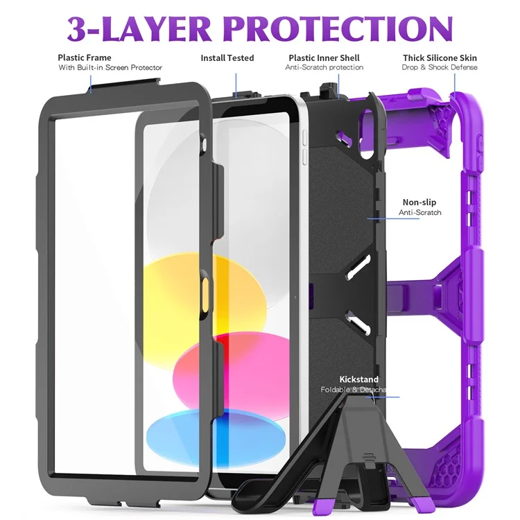 Para iPad 10.9 (2022) PC + Funda Silicona a Prueba de Golpes con Protector de Pantalla Incorporado Antiarañazos Soporte Plegable Funda Portátil para Tableta con Soporte para Lápiz - Púrpura