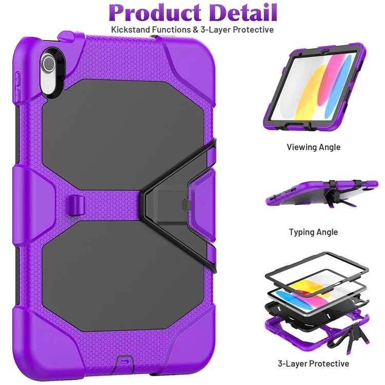 Para iPad 10.9 (2022) PC + Funda Silicona a Prueba de Golpes con Protector de Pantalla Incorporado Antiarañazos Soporte Plegable Funda Portátil para Tableta con Soporte para Lápiz - Púrpura