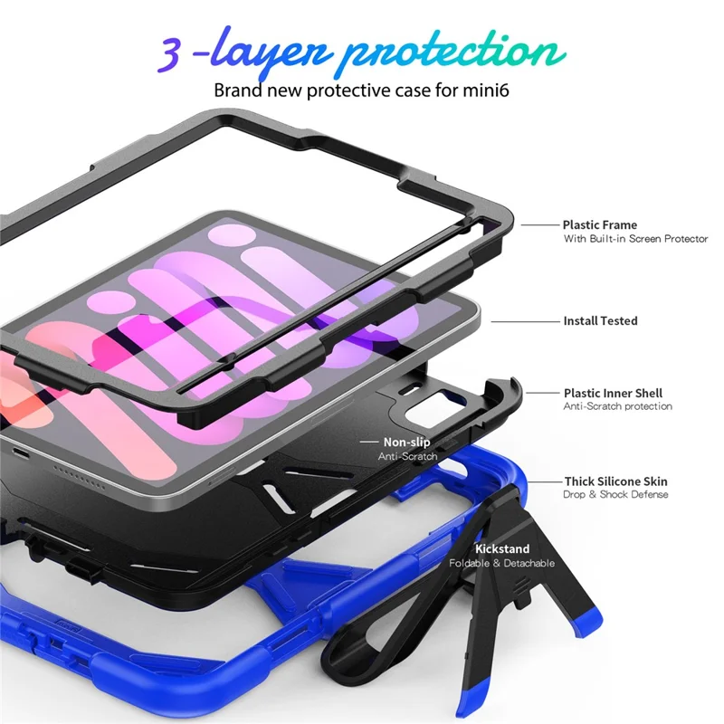 Shockproof Case for iPad mini (2024) / mini (2021) Anti-Drop PC + Silicone Case Scratch Resistant Kickstand Tablet Cover - Dark Blue